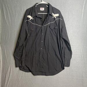 ELY Diamond Black XXL LS Western Casual‎ Shirt Embroidered Eagle Polyester Blend